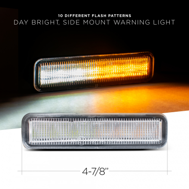 Side Mounted Warning Light, 10 Flash Patterns, Multi-Light Functionality, Flashes Amber & White